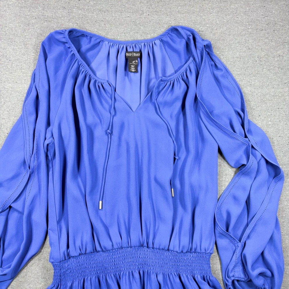 White House Black Market Dress Womens 12 Blue Cold Shoulder Smocked Waist V-Neck - Picture 6 of 6